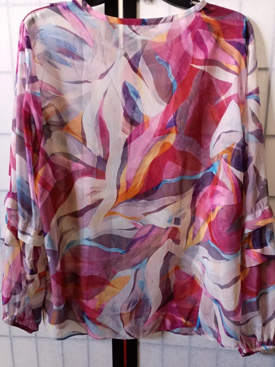 Chico's Pink Multi-Color Ruffle Button-Front Blouse - Picture 4 of 6
